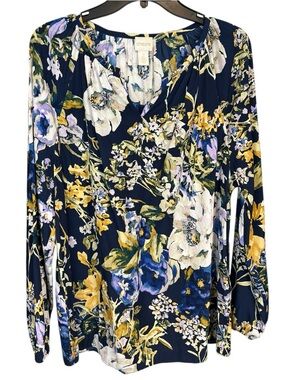 Chicos Woman Split Neck Primavera Floral Peasant Top Blue Size Chico 12